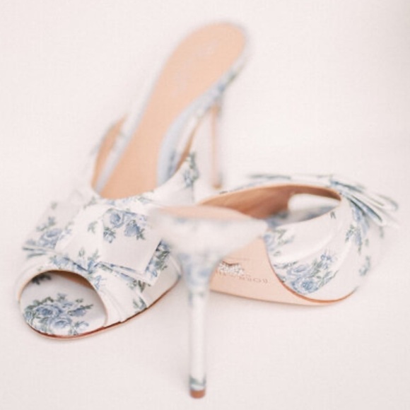 Antonio Melani x Born on Fifth- Blue Floral Bow Slide on Mule Heels - Picture 1 of 9